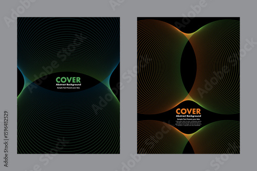 Abstract vector background with halftone lines forming symmetrical geometric patterns on black. For cover, annual report, presentation or digital artwork