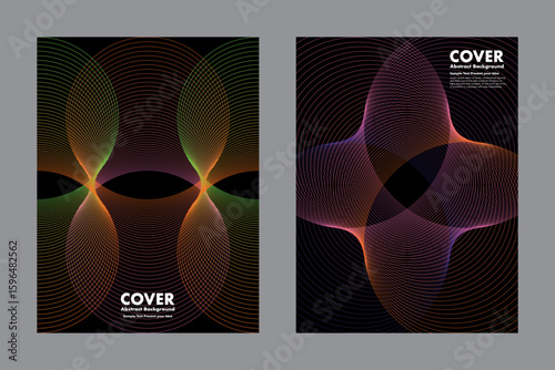 Abstract vector background with halftone lines forming symmetrical geometric patterns on black. For cover, annual report, presentation or digital artwork
