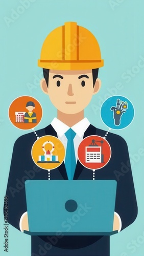 HSE Concept for Workplace Health and Safety. Businessman using laptop with icons representing health, safety, and environmental protection, illustrating HSE management system in business process.