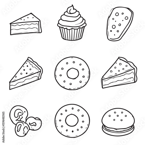 Doodle style desserts including cake cupcake donut and burger drawings