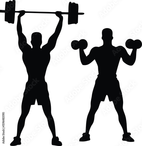 Silhouette of Athletes Weightlifting and Strength Training with Barbells and Dumbbells