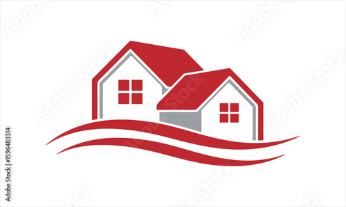 Real Estate Logo with Red Roof Houses and Flowing Lines
