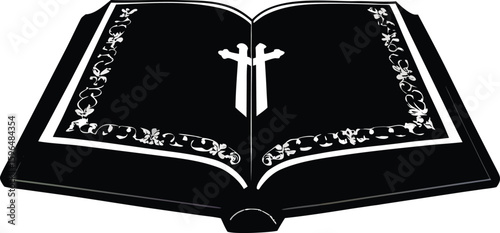 Elegant Graphic of an Open Bible with Cross and Ornate Details