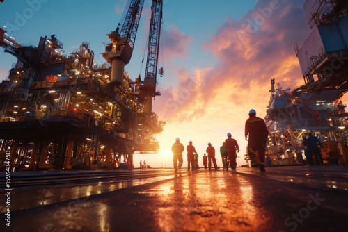 Energy pipeline visions: offshore machinery at dusk. Energy collaboration. Energy giants unite: russia and china strengthen gas supply network. Energy partnerships. Future energy plans.