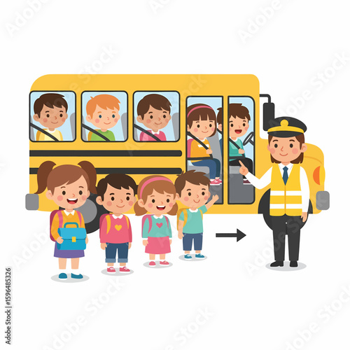 Children Boarding School Bus with Bus Driver and Safety Message