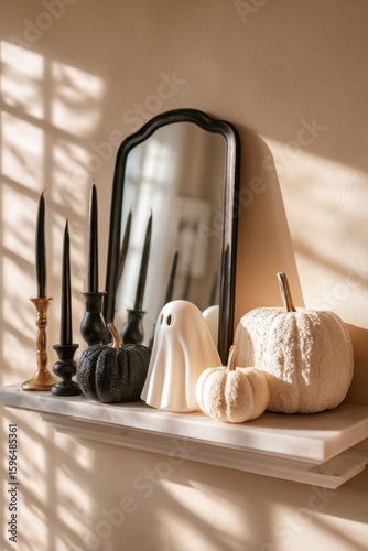 minimal halloween decor with white ghost and textured pumpkins on elegant shelf in natural light with long shadows, modern cozy autumn interior, stylish black candles and mirror, home concept
