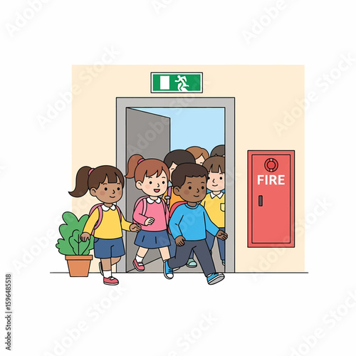 Children Evacuating School Building During Fire Drill