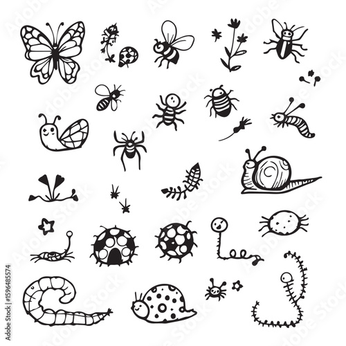Collection of hand drawn insects and bugs in black and white outline