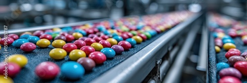 Colorful candies moving along a conveyor belt in a candy production facility