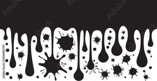 Black ink splatters and drips on a white background abstract design