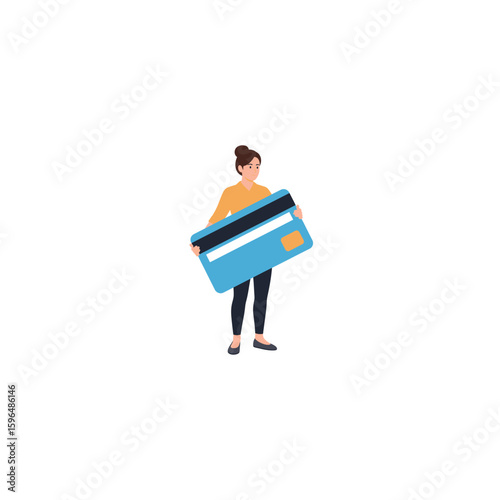 Happy young woman holding a giant blue credit card symbolizing easy digital payments and online shopping