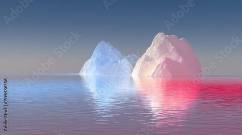 Two icebergs in a still, colored ocean.