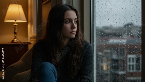 Thoughtful young woman looking out rainy window at urban city view