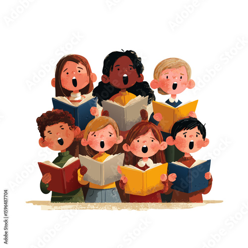 Flat illustration of a group of preschool kids singing with open mouths, holding songbooks, diverse appearances, classroom vibe