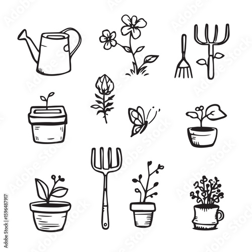 Assorted gardening doodles including plants watering can and butterfly