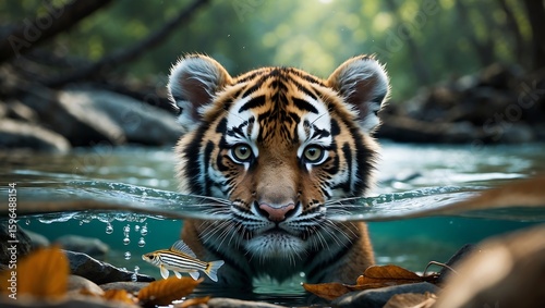 Majestic tiger emerging from water with intense gaze in lush forest