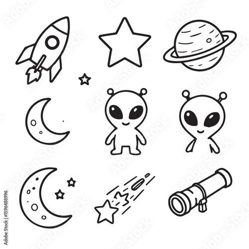 Space exploration doodles with rocket, star, moon, alien, telescope