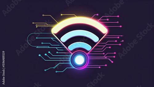 Futuristic Wi-Fi symbol with glowing neon lights and a circuit board pattern, a concept for wireless technology and internet connection