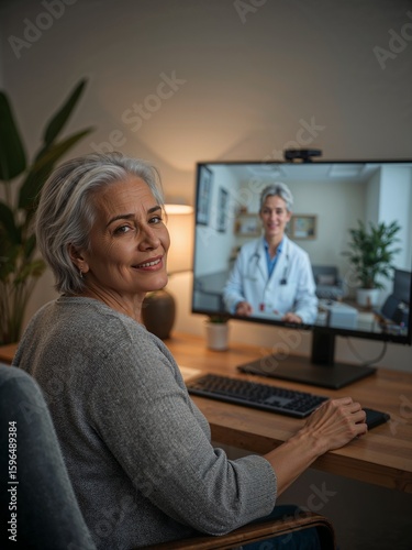 Older woman smiling at the camera while on a video call with a doctor on her computer at home desk