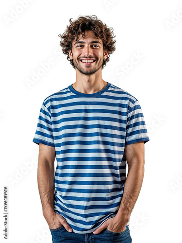 Smiling man with curly hair wearing a blue and white striped t-shirt