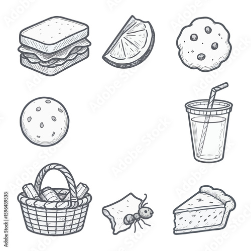 Doodle style illustration of picnic food and an ant carrying crumbs