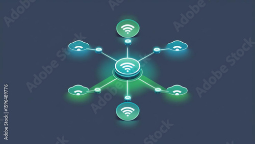 Technology network concept, an isometric illustration of a central hub connecting to a wireless or cloud network