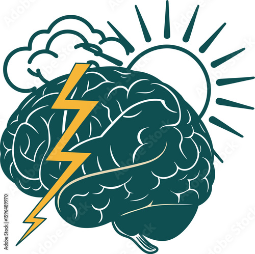 Abstract vector illustration of a human brain with a yellow lightning bolt, sun and clouds symbolizing mental health, brainstorm, creativity, and cognitive power concepts