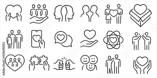 Love, friendship, care and charity concept editable stroke outline icons set isolated on white background