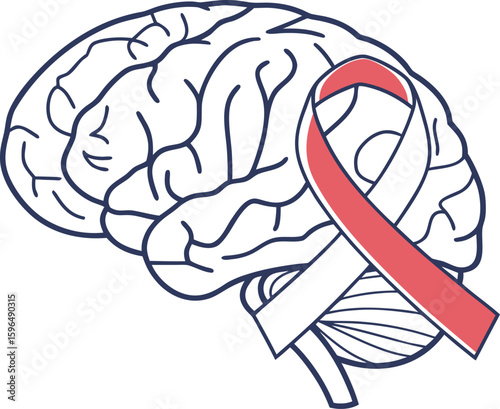 Vector illustration of a human brain with a red and white awareness ribbon symbolizing brain health, stroke awareness, neurological disorder support, and medical advocacy in a clean outline style
