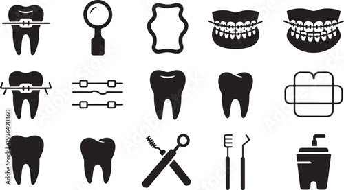 Orthodontic Dental Braces and Teeth Care Vector Icons Set for Dentistry and Oral Hygiene on Transparent