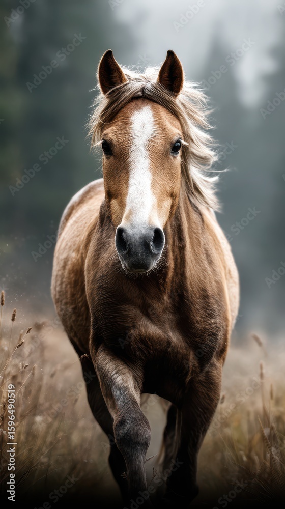 Brown horse runs through dense grass in a misty forest during early morning light with soft focus on background trees Brown horse runs through dense grass in a misty forest during early morning light with soft focus on background trees