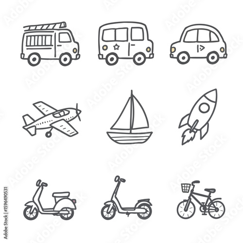 Various transportation doodles including fire truck, sailboat, and rocket