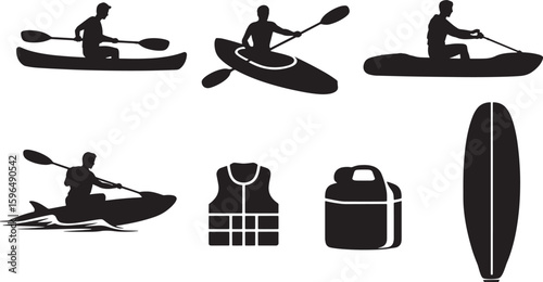 Canoeing and Kayaking Water Sport Vector Silhouettes Set for Outdoor Recreation on Transparent Background