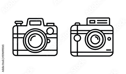 Two vintage style camera icons in outline