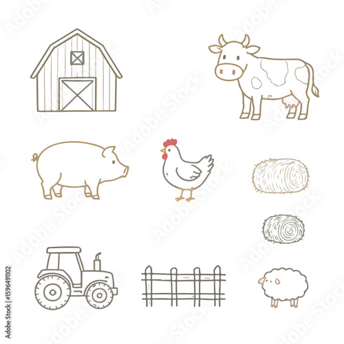 Farm animal and equipment outlines on white background illustrations