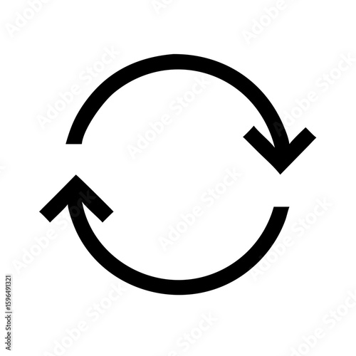 Two arrows forming a circle illustrate cycle or rotation, on simple white backdrop. Two arrows forming a circle indicate process renewal or transformation.