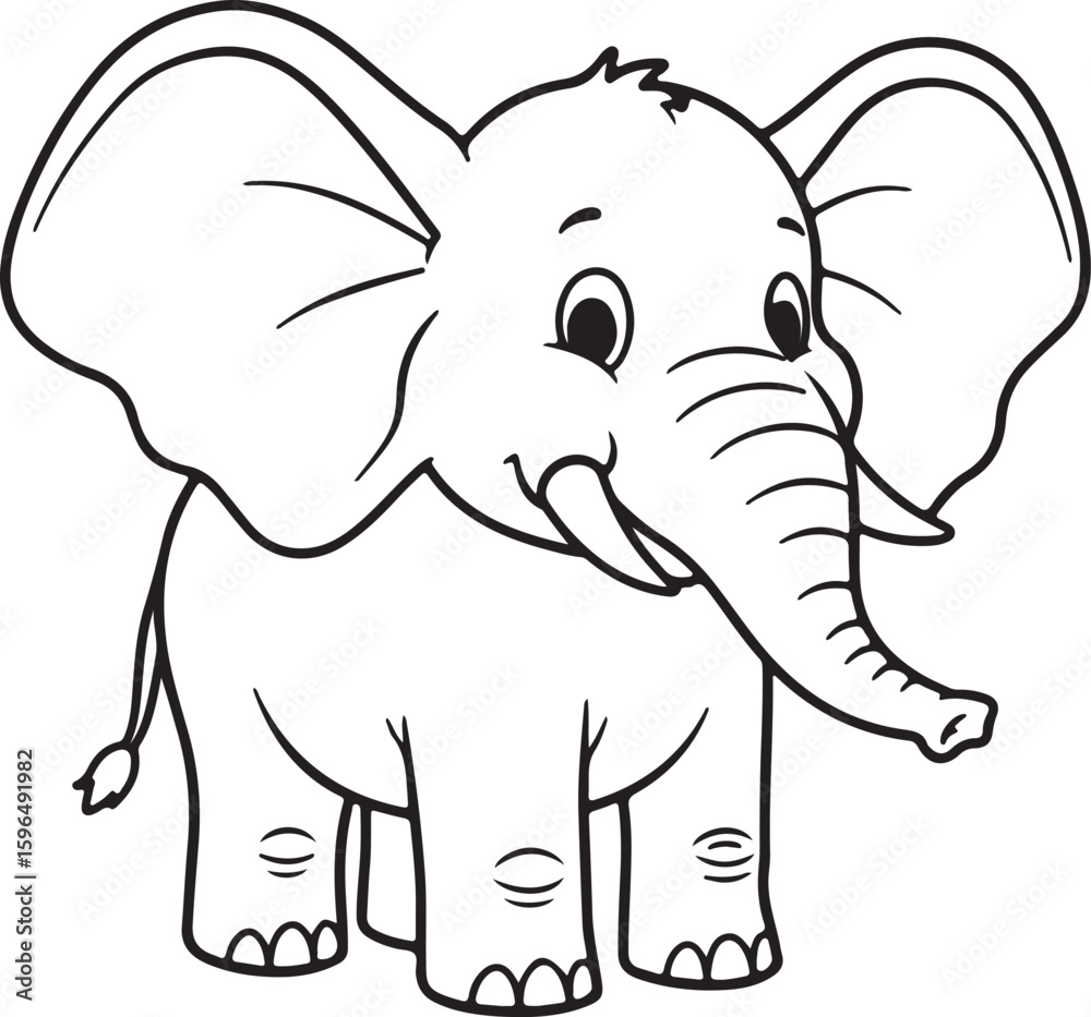 Fototapeta premium Standing cartoon elephant with big ears and small tail, outlined in black and white, Adobe Illustrator Artwork