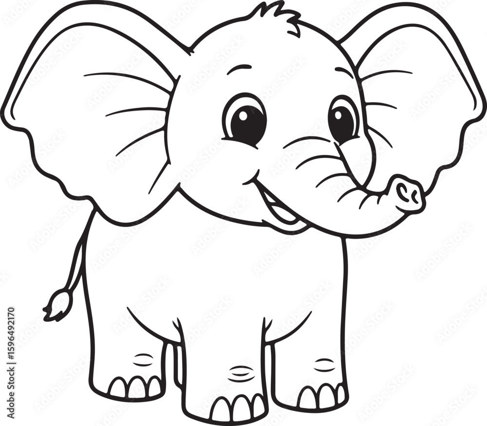 Fototapeta premium Standing cartoon elephant with big ears and small tail, outlined in black and white, Adobe Illustrator Artwork