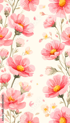 Whimsical pink flowers in watercolor on cream background for poster