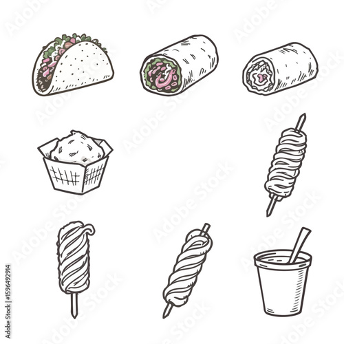 Assorted sketched food icons on white for menus and restaurant design