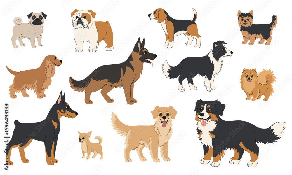 Fototapeta premium Cartoon dog breeds set. Collection of large, medium, and small dogs of different breeds. Shepherd, Doberman, Bulldog, Pug, Chihuahua and other dogs. Cute pets on white background.