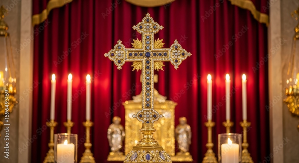 Obraz premium Ornate Golden Cross Altarpiece - A beautiful ornate golden cross stands on an altar, lit by candles, against a rich red curtain backdrop. Spiritual, religious, faith