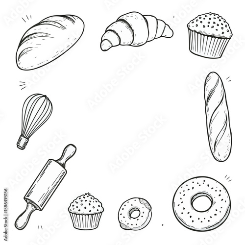 Hand drawn baking frame with bread, croissant, donut, and tools