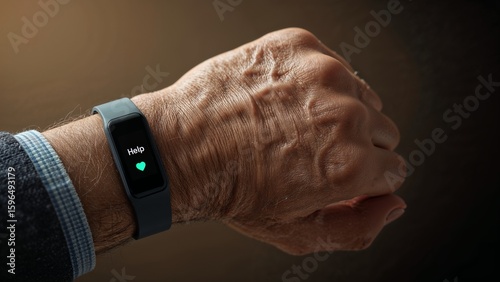 Close up of senior man's hand with smart watch displaying help message and heart rate icon feature