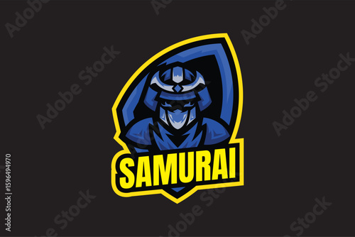 Samurai gaming vector logo in blue shades with bold yellow text on black background, perfect for teams and streaming identities