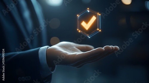 Hand with glowing check symbol in dark background for approval concept