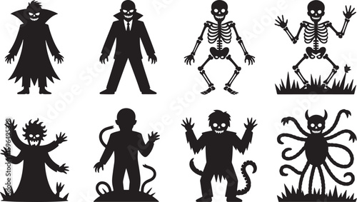 Monsters and Creatures Silhouettes Set Vector Illustration on Transparent Background Horror Design Elements