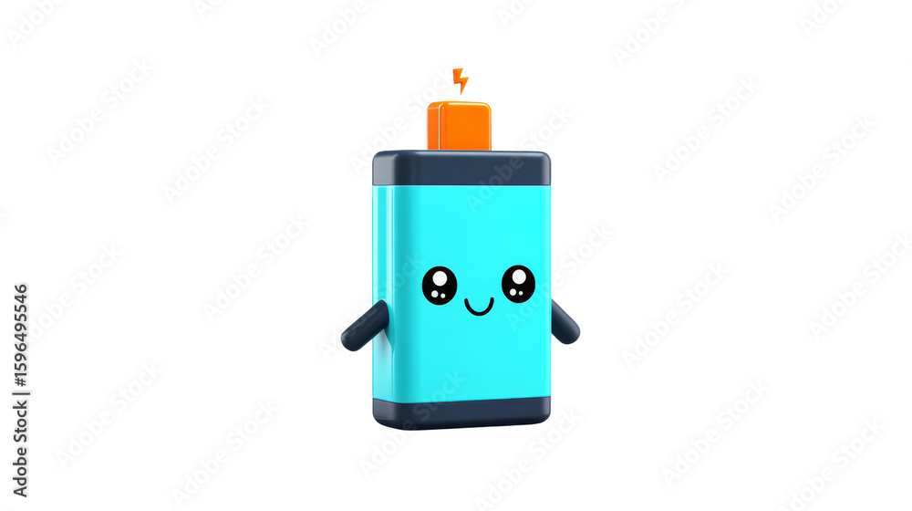 Obraz premium Cute cyan battery character displays an orange lightning bolt on a transparent background. 