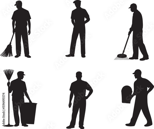 Street Cleaner Silhouettes Collection Sanitation Workers Cleaning Public Areas Vector Illustration on Transparent