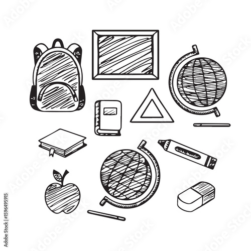 Black and white sketched school items for back to school time